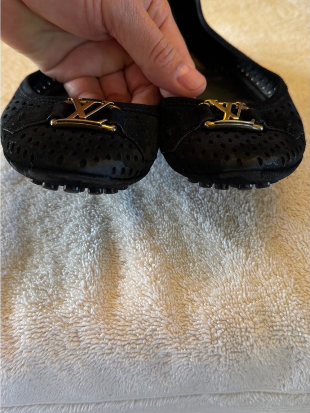Louis Vuitton Black Suede Ballet Flats with Gold LV Buckle - Picture 8 of 12